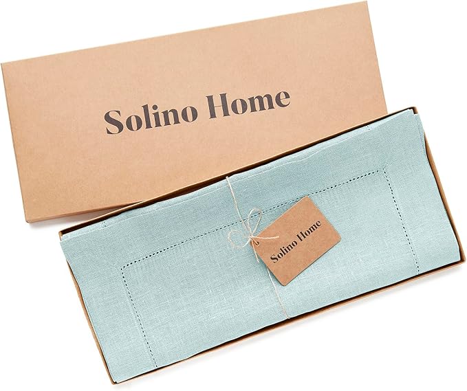 Solino Home 100% Pure Linen Table Runner Aqua Blue Hemstitch, 14 x 60 in | - Image 6
