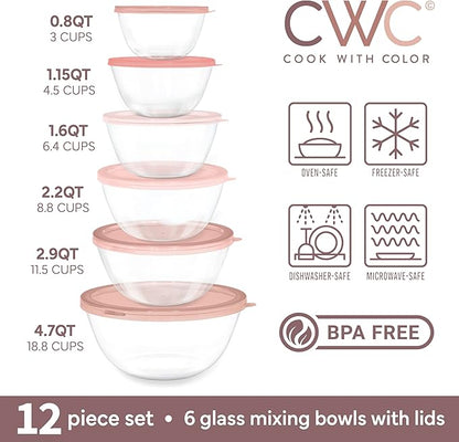 COOK WITH COLOR 12 Pc Glass Mixing Bowl Set with Lids – Borosilicate Glass Nesting Bowls for Cooking, Baking and Meal Prep, Pink