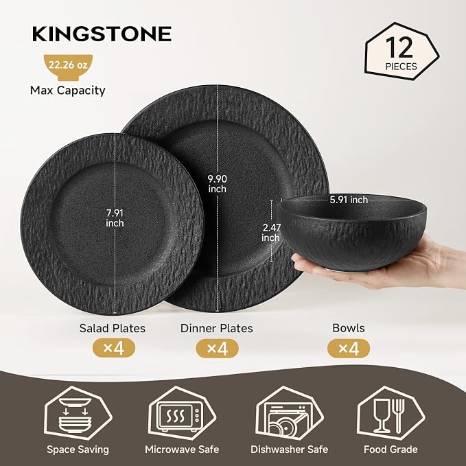 Black Dinnerware Sets, 12-Piece plates and bowls sets, Matte Marble | Premium - Image 2