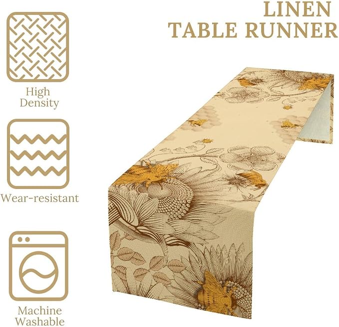 Vintage Bee Table Runner, Rustic Retro Wildflowers Print Home Farmhouse Table - Image 3
