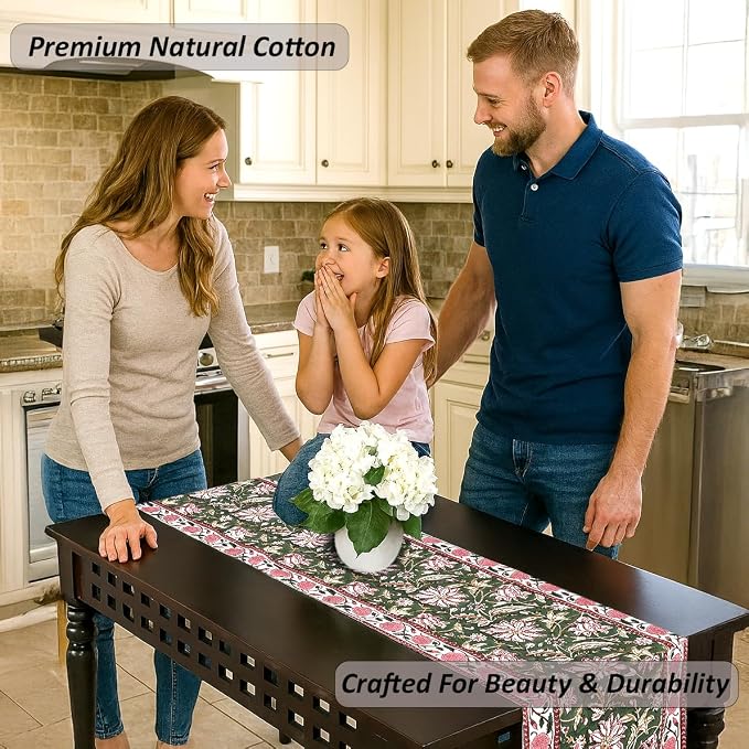 Hunter Green Hand Block Print 100% Cotton Reusable Table Runner 16" X 106" - Image 2