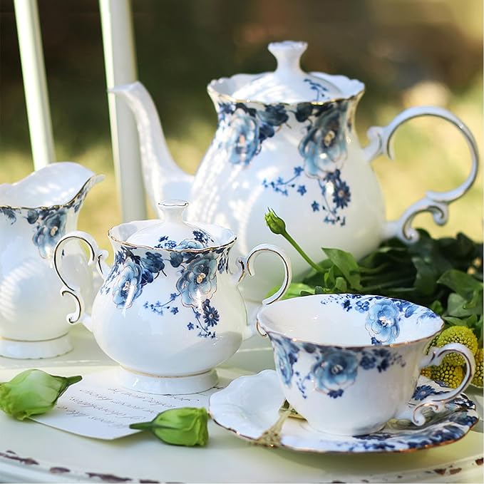 21-Piece Bone China Tea Set for Adults, Vintage Floral Tea Cup Set - Image 2