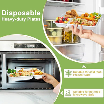Compostable 5 Compartment Paper Plates Disposable, 11 * 8.6 inch, [50-Pack] Heavy Duty Plates with Deep Dividers, Sturdy School Lunch Trays, White Large Paper Dinner Plates for Buffet Party