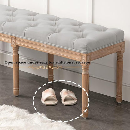 Bonzy Home 47” Bedroom Bench,French Vintage Tufted Entryway Benches Upholstered Dining Benches with Cushion,Linen Fabric End of Bed Bench for Bedroom Living Room Entryway, Gray