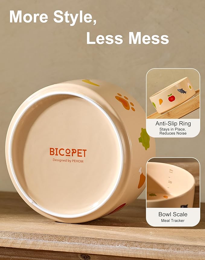 Ceramic Dog Bowl with Non-Slip Ring - 6.5 Cups, Heavy-Duty Stoneware Bowl, Pet Feeding, Microwave and Dishwasher Safe-NomNom-L (Single Bowl)