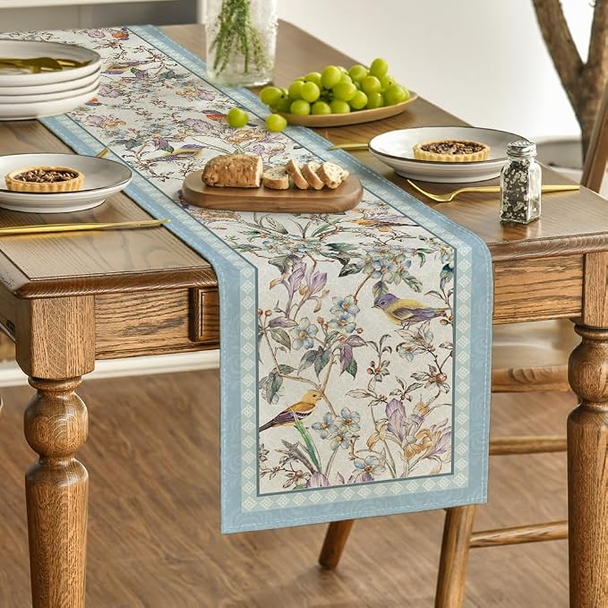 Artoid Mode Blue Birds Flowers Blossom Table Runner, Seasonal Spring Floral - Image 3