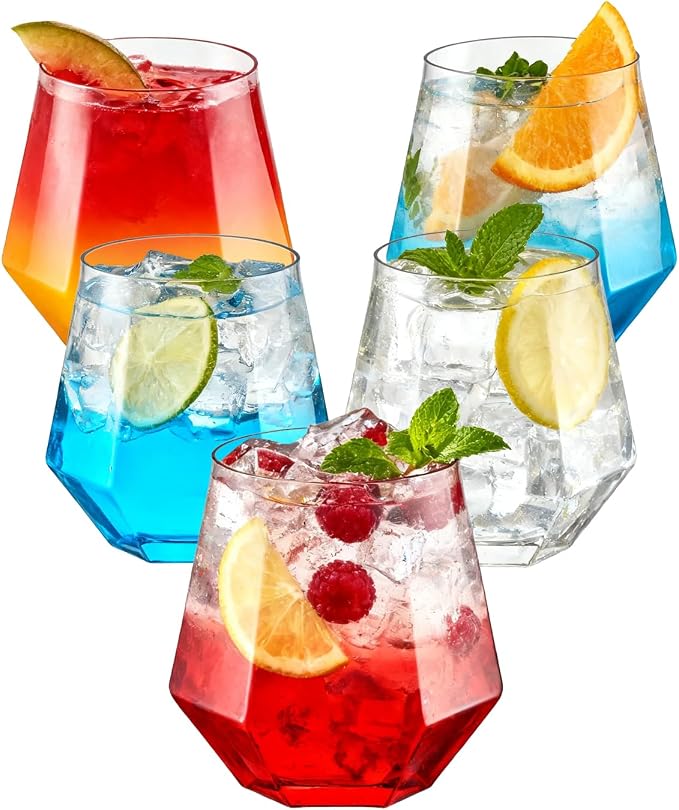 BESTSTAR 40 PCS Clear 12 Oz Diamond Plastic Wine Whiskey Glasses | Stemless by BESTSTAR