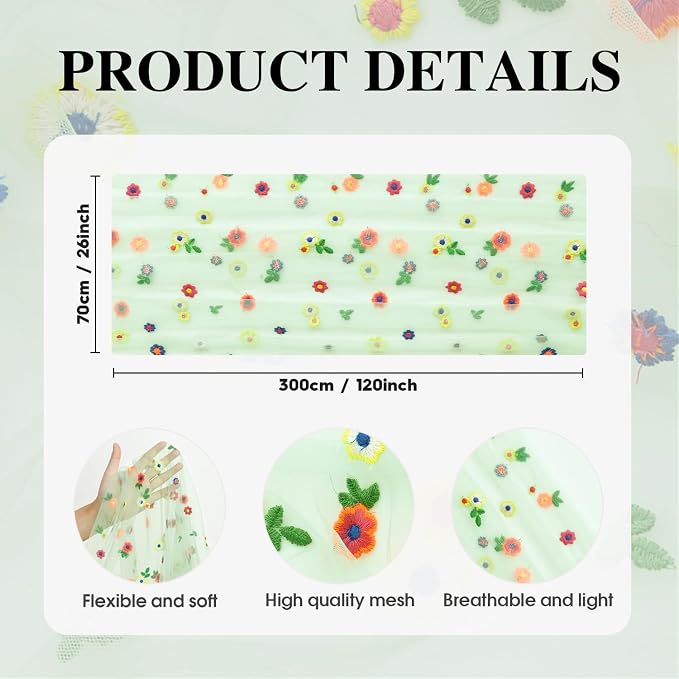 Artoid Mode Sage Green Embroidery Daisy Gauze Table Runner 120 Inch 10FT | - Image 5