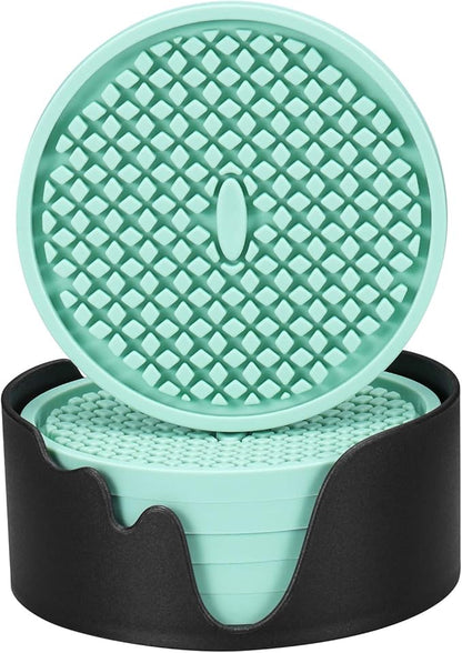 ME.FAN Silicone Coasters [6 Pack] Thickened Drink Coasters with Holder - Cup Mat - Non-Slip, Non-stick, Stay Put, Deep Tray - Prevents Furniture and Tabletop Damages(Peppermint Green)