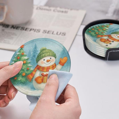Winter Blue Green Snowman Christmas Tree Snow Coasters - Image 5