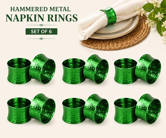 ITOS365 Green Napkin Rings Set of 6, Handmade Hammered Metal Napkin Ring Holders - Image 2