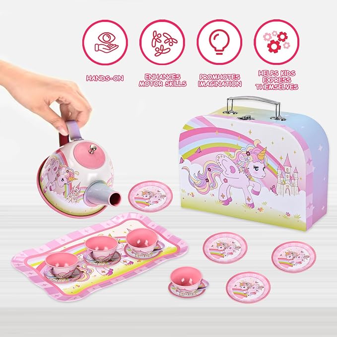 Tea Party Set for Little Girls, Pretend Tin Teapot Set - Image 5