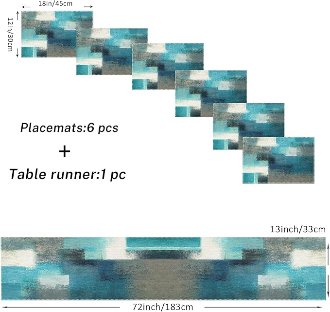 Emvency Table Runner and Placemats Set of 6, Farmhouse Abstract Teal | Grey - Image 2