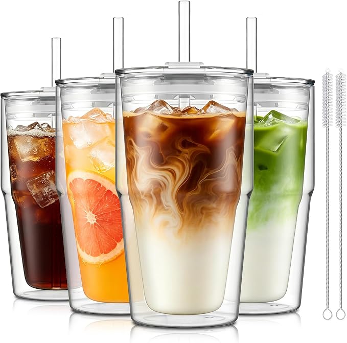KEMORELA Set of 4 Double-Walled Glass Cups, 16 oz / 480 ml Insulated Tumblers by KEMORELA