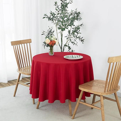 maxmill Round Tablecloth Weaved Texture Design Spill-Proof Wrinkle Free Soft Christmas Table Cloth for Circular Table Cover, for Dining Room Banquet Parties Holiday Dinner, 90 Inch Red