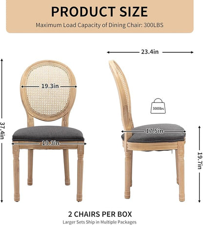Vintage French Rattan Dining Chairs Set of 8, Solid Wood Frame with Round Rattan Back and Linen Upholstered Seat, Farmhouse Accent Sillas de Comedor Side Chairs for Dining Room & Kitchen, Gray