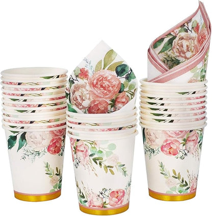 Floral Party Supplies paper plates and Napkins Sets for 24 Guest-Include Floral Disposable Paper Plates,Cups,Napkin forr Bridal Shower,Birthday,Wedding,Bachelorette party Supplies