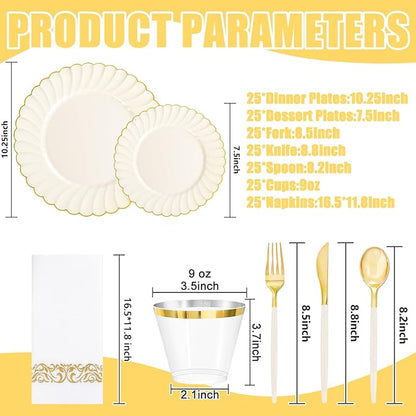Ciaell 175 PCS Ivory Scalloped Plastic Plates - Gold Disposable Plates Fancy High-end Dinnerware Sets for Wedding & Party (25 Guests)