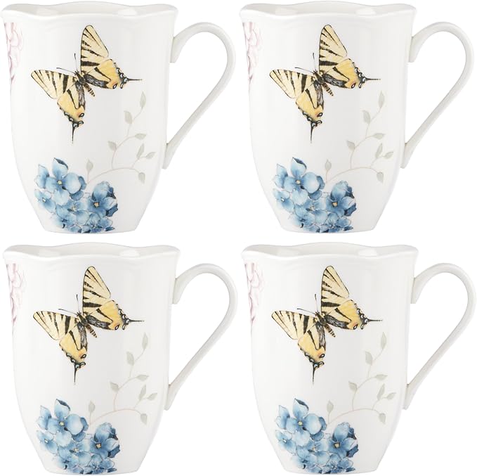 Lenox Butterfly Meadow Hydrangea 4-Piece Porcelain Mug Set, microwave safe | by Lenox