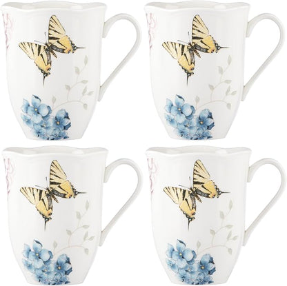 Lenox Butterfly Meadow Hydrangea 4-Piece Porcelain Mug Set, microwave safe | by Lenox