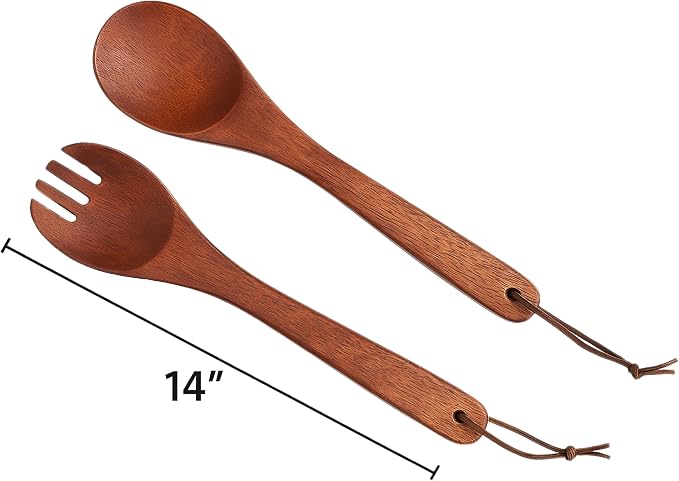 Woodard & Charles 14" Wood Salad Servers w/Leather Strap, Cherry Stain | - Image 7