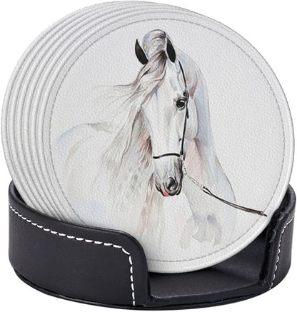 6 Pcs White Horse Animal Leather Coasters - Image 3