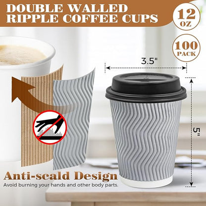 Ginkgo 100 Pack To Go Paper Coffee Cups With Lids, 12 oz Disposable Double-Walled Ripple Insulated Hot Cups for Hot Drinks, Lattes, Travel Cups, Medium, Gray