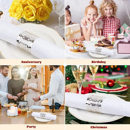 150PCS Premium Napkin Rings Laser Cut Foil Paper Napkin Holder for Wedding Party Dinner Table Decor,Special Events and Catering Services (Silver)