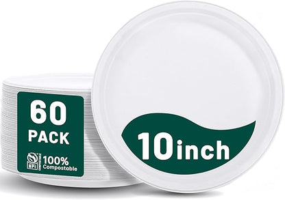 DaYammi 100% Compostable Paper Plates 10 Inch, 60-Pack Heavy Duty Paper Plates Bulk,Biodegradable Bagasse,Eco-Friendly Disposable Dinner Plate for BBQ,Picnic,Party (BPI Certified,Microwaveable)