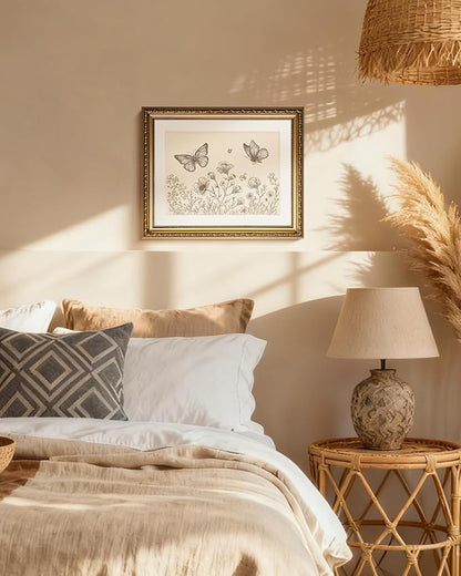 InSimSea Gold Picture Framed Wall Art, Vintage Butterflies Nursery Wall Decor, Neutral Wildflowers Botanical Canvas Print Art, Home Farmhouse Decor, Antique Paintings with Frame 13x16inch