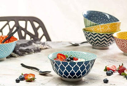KooK Colorful Bowl, Ceramic Porcelain Bowls for Cereal, Fruit, Vibrant Patterned, Multi Color Designs, Housewarming Gift and Kitchen Decor for Soup, Salad, Set of 6, 18oz (Colorful)