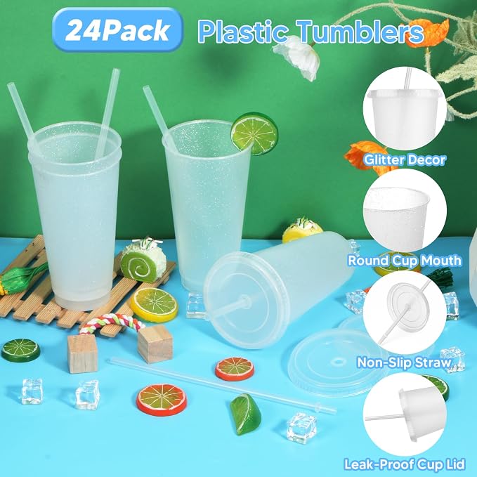 24 Pack Plastic Tumblers with Lids and Straw, Reusable Cups with Lids and - Image 3