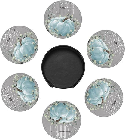 6 Pcs Fall Blue Pumpkin Eucalyptus Leaves Grey Leather Coasters - Image 7