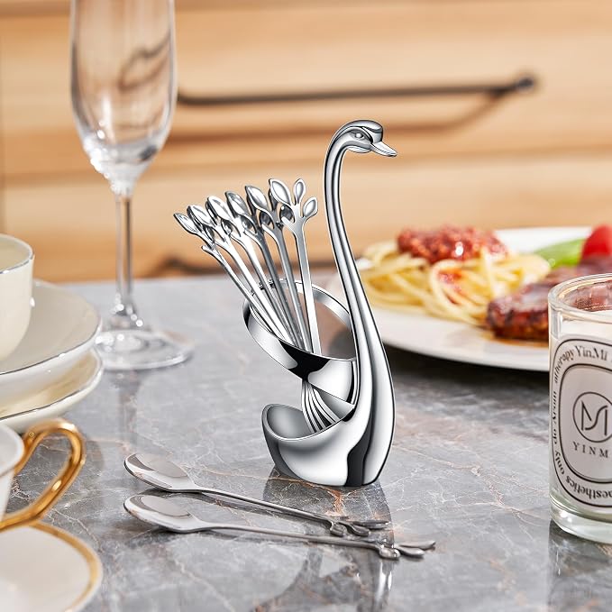 AnSaw Silver Swan Base With 10-Pcs Mini Leaf Coffee Spoon Holder Set-4.7" | - Image 3