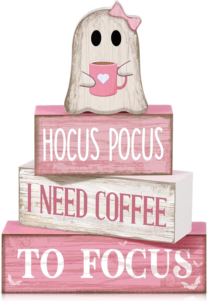 Moucuny 4 Pcs Pink Halloween Table Decorations Coffee Ghost Wooden Stacked by Moucuny