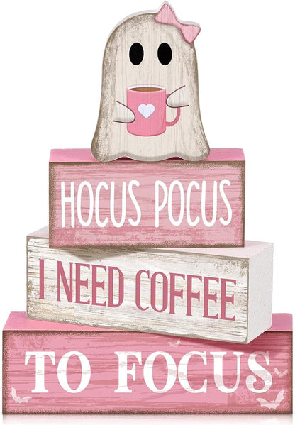 Moucuny 4 Pcs Pink Halloween Table Decorations Coffee Ghost Wooden Stacked by Moucuny