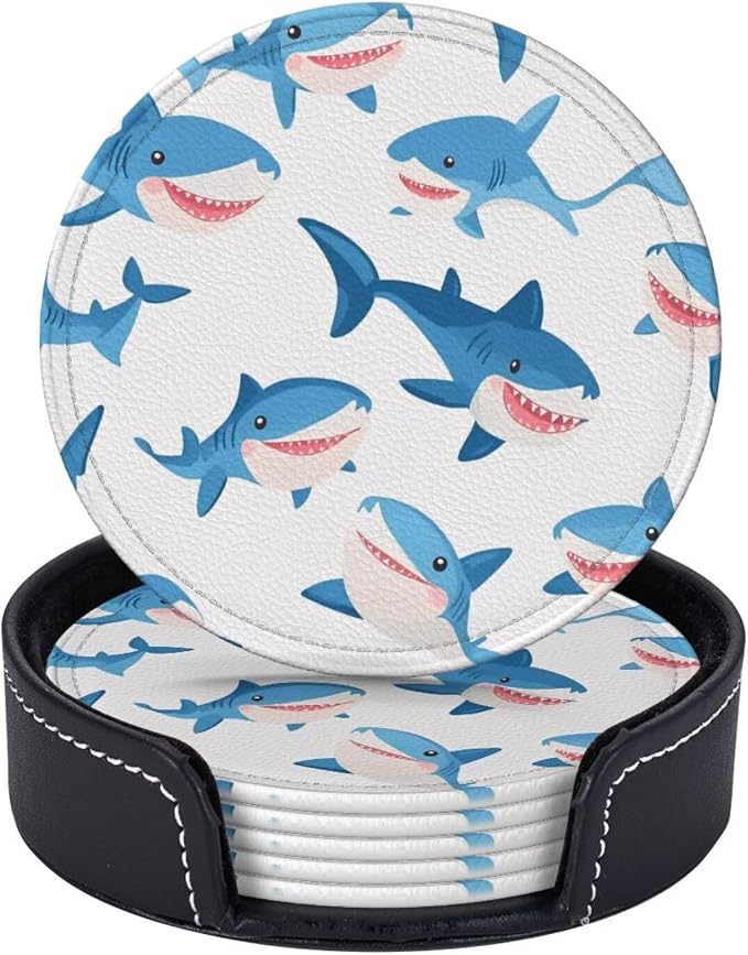 Cartoon Blue Sharks Leather Coasters Set of 6 - Image 2