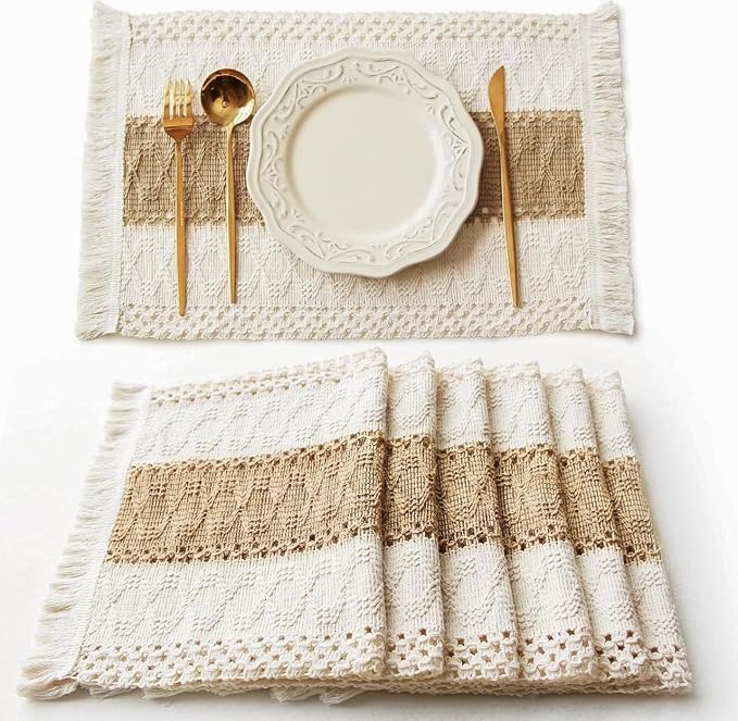 Boho Placemats Set of 6, Macrame Table Mats Farmhouse Dining Decor | 12x20" by FEXIA