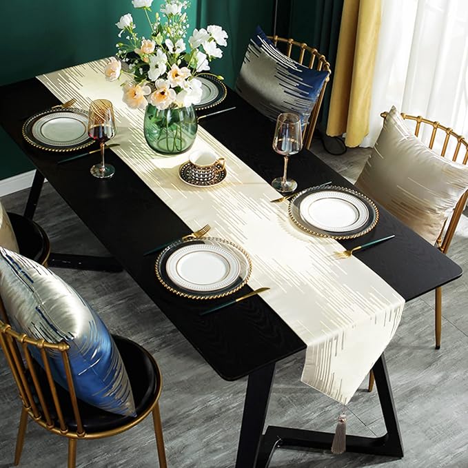 Beige Elegant Luxury Table Runner, Modern Geometric Lines, Tassels | Satin Faux - Image 6