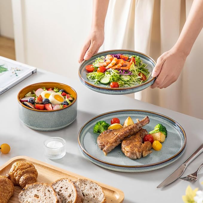 vancasso ONION Ceramic Plates and Bowls Sets, 12 Pieces Light Blue Dinnerware - Image 6