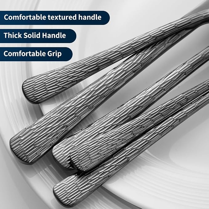 Hammered Black Silverware Set, Flatware Set, 18/10 Stainless Steel Premium - Image 5