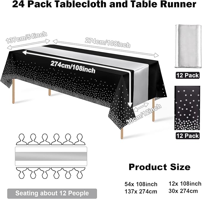24Pack Disposable Plastic Tablecloths and Satin Table Runner Set Black and - Image 2