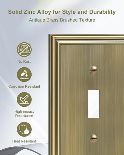 2-Pack Double Toggle Light Switch Cover Plate, Durable Solid Zinc Alloy Decorative Dual Switch Plate Covers, Antique Brass 2 Gang Wall Plate, Corrosion Resistant