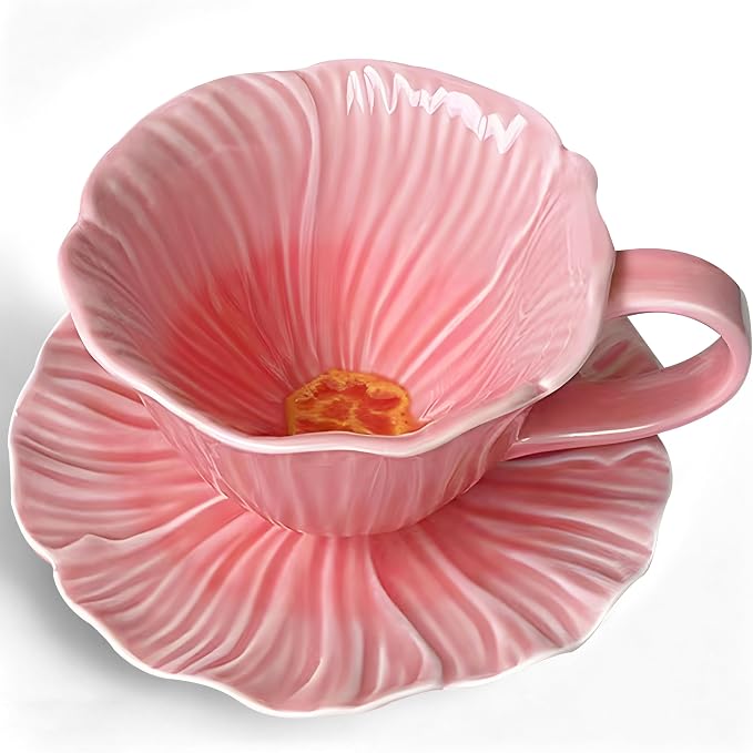 10 oz Tea Cups and Saucers, Ceramic Flower-shaped Cappuccino Cup, Latte Cup and by JUSONEY