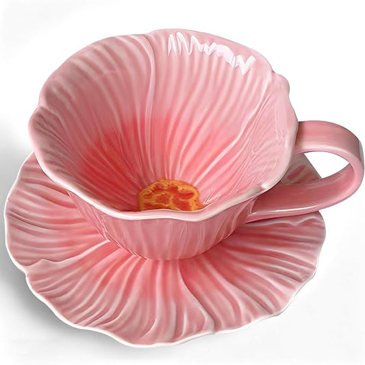 10 oz Tea Cups and Saucers, Ceramic Flower-shaped Cappuccino Cup, Latte Cup and by JUSONEY