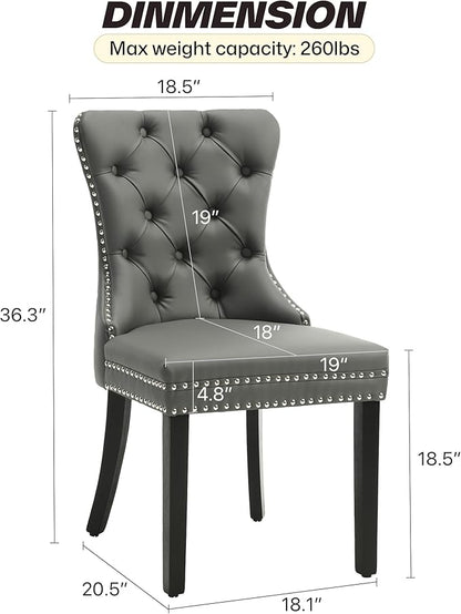 KCC Faux Leather Dining Chairs Set of 2, Upholstered High-end Tufted Dining Room Chair with Nailhead Back Ring Pull Trim Solid Wood Legs, Contemporary Nikki Collection Modern Style for Kitchen, Gray