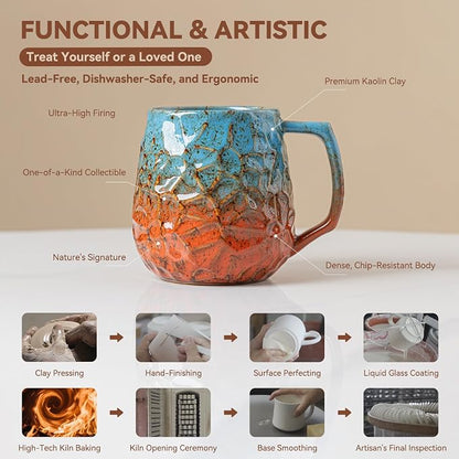 18oz Unique Blue & Orange Kiln-Change Ceramic Coffee Mug, Handcrafted Hammered - Image 6