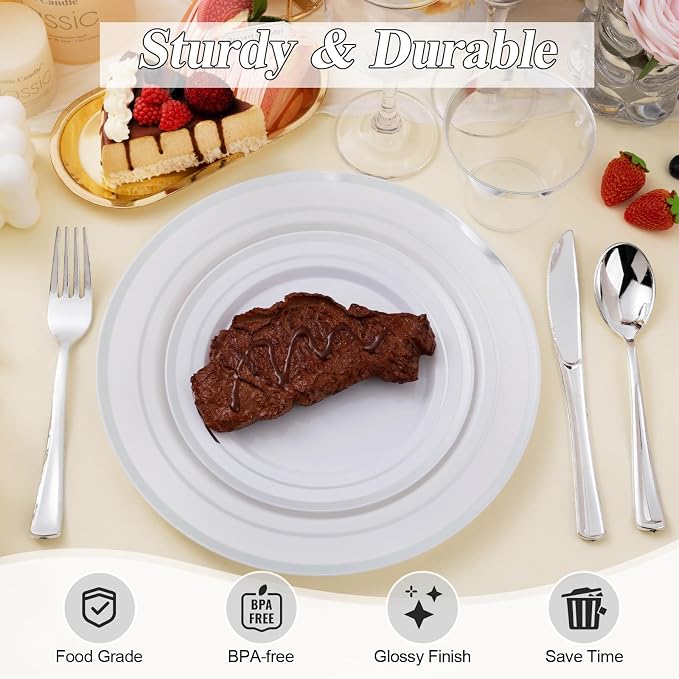BESTSTAR 200PCS Silver Plastic Plates Set | 100 10.25 inch Dinner Plates and - Image 4