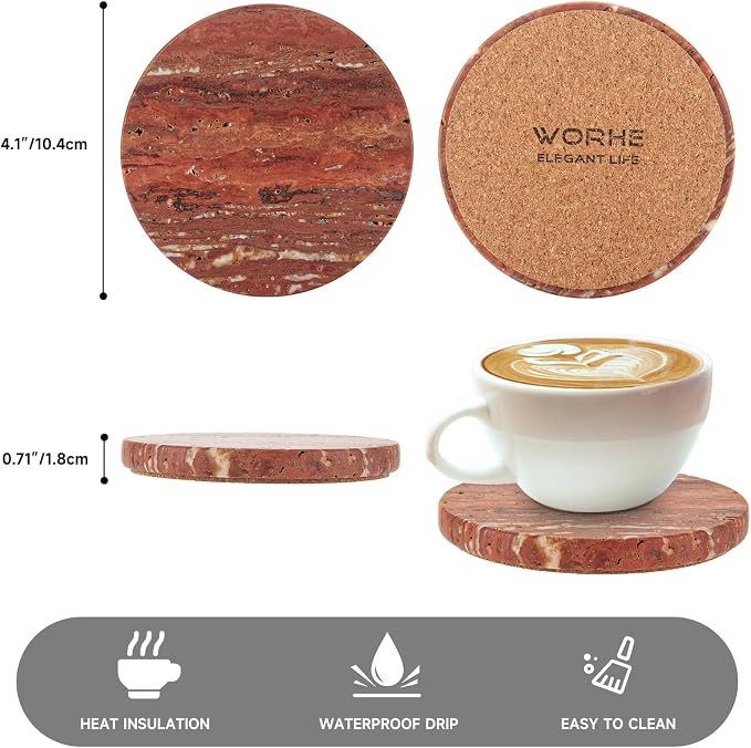 Marble Coaster for Drinks 4" Diameter Set of 4 Round Travertine Coasters for - Image 2