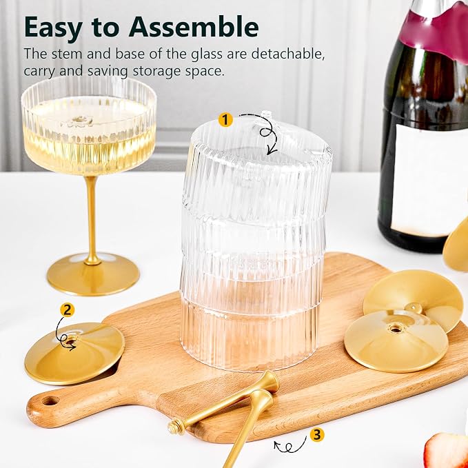 ZOMUIA Ribbed Coupe Glasses 6 Pcs, 10 oz Plastic Champagne Coupe Detachable - Image 6